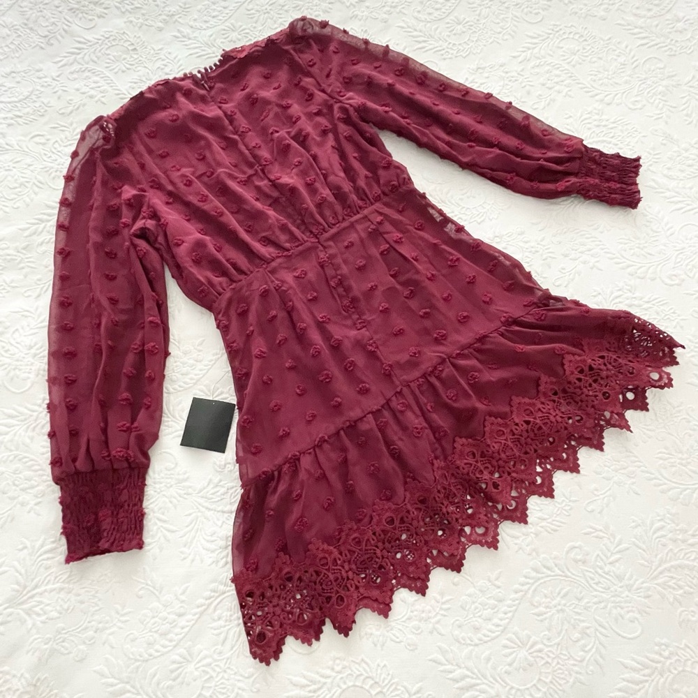 NWT Lust or Love Wine Red Embroidered Lace Long Sleeve Dress Medium - Picture 8 of 12